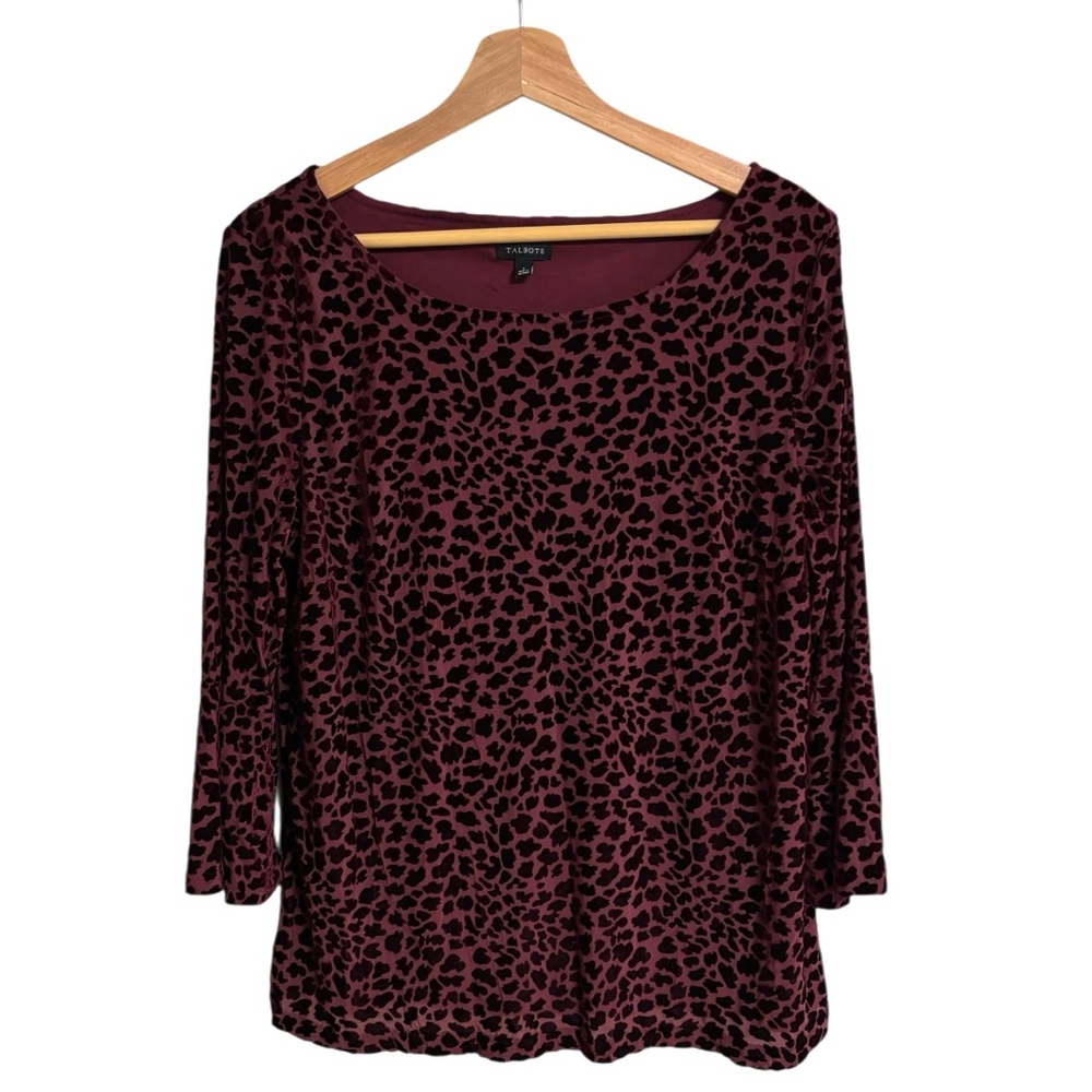 Talbots burgundy lined velvet burnout textured animal print bell sleeve Top L